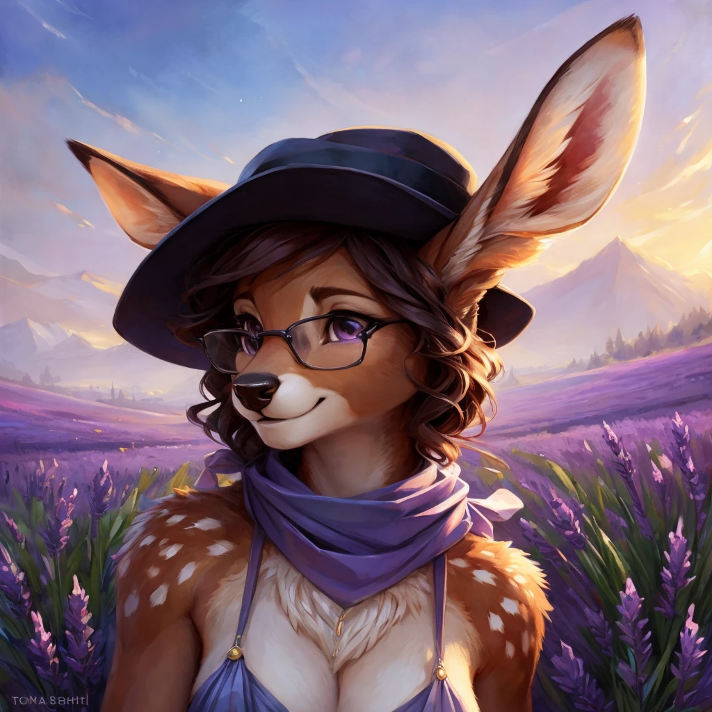 uploaded on e621, watercolor look, by Pixelsketcher, by Bayard Wu, by Thomas Benjamin Kennington , by Einshelm, by hioshiru and kenket, Chunie, portrait, solo anthro female deer doe, with small featureless breasts, clear dark blue, cinematic lighting, day, sunny day, lavender field, stays in a lavender field, lavender field background, mediterranean background, horizon background, shiny, short curly dark brown hair, wears big black nerd glasses, very very beautiful furry art, furry art, smiling, joyful, shiny, happy, feminine, cute face, muzzle, fluffy chest, flawless face, Fallow deer, 1girl, Sakimichan is beautiful, Masterpiece, Wavethesallow Face, shiny, Detailed image, portrait, Detailed image, portrait, full body, wears pure white spaghetti straps dress, wears a black hat bandana headscarf, wears a black bow around the neck, shiny, realistic face, perfect anatomy, hourglass body, (furry body:1.1), anthropomorphic deer, looks at the viewer, small fluffy tail, detailed background, (cute anatomy:1.1), stands in a lavender field
