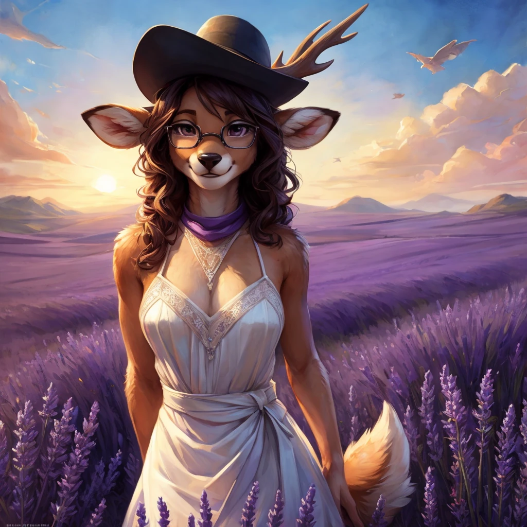 uploaded on e621, by Pixelsketcher, by Bayard Wu, by Thomas Benjamin Kennington , by Einshelm, by hioshiru and kenket, Chunie, portrait, solo anthro female deer doe, with small featureless breasts, clear dark blue, cinematic lighting, day, sunny day, lavender field, stays in a lavender field, lavender field background, mediterranean background, horizon background, shiny, short curly dark brown hair, wears big black nerd glasses, very very beautiful furry art, furry art, smiling, joyful, shiny, happy, feminine, cute face, muzzle, fluffy chest, flawless face, Fallow deer, 1girl, Sakimichan is beautiful, Masterpiece, Wavethesallow Face, shiny, Detailed image, portrait, Detailed image, portrait, full body, wearing pure white and wide spaghetti straps dress, wearing big and wide beige summer straw hat, shiny, realistic face, perfect anatomy, hourglass body, (furry body:1.1), anthropomorphic deer, looks at the viewer, small fluffy tail, detailed background, (cute anatomy:1.1), stands in a lavender field