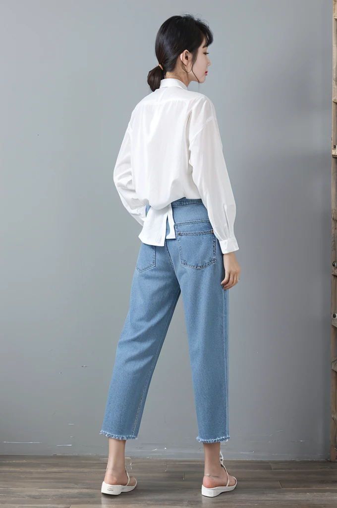 white shirt denim shortpants back
