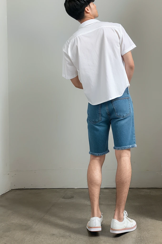 white shirt denim shortpants back