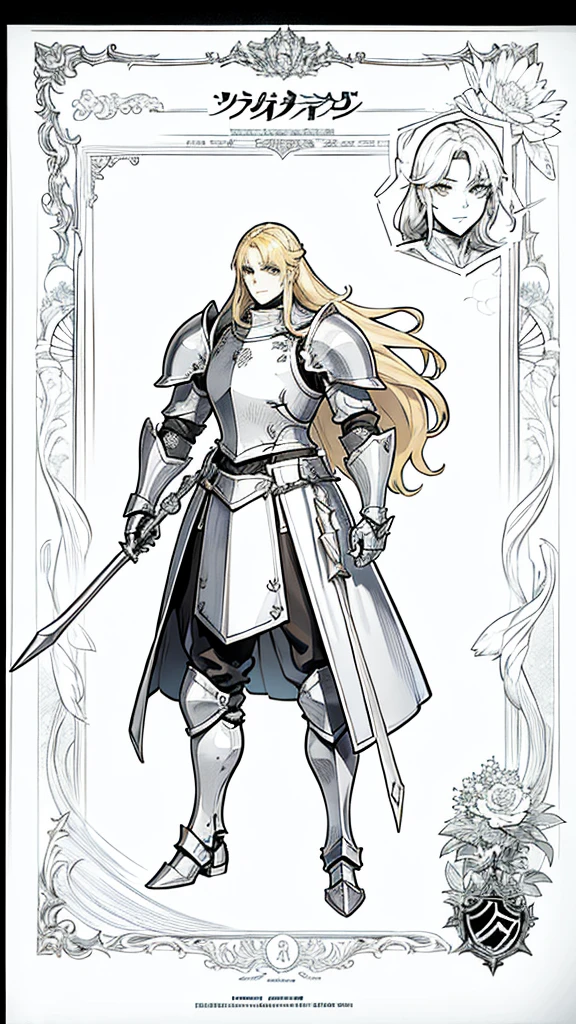 No background, blonde long haired knight, armor, cool, standing, character sheet, 3-dimensional view, front, side, monochrome, line drawing, high resolution,