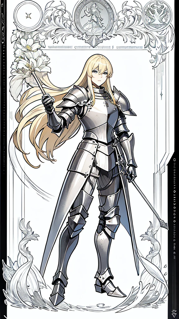 No background, blonde long haired knight, armor, cool, standing, character sheet, 3-dimensional view, front, side, monochrome, line drawing, high resolution,