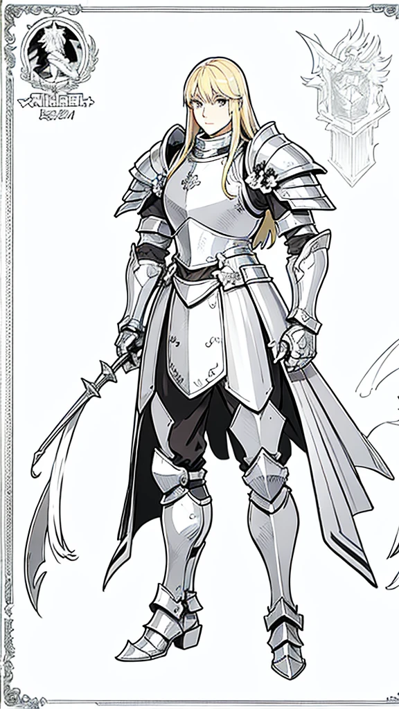 No background, blonde long haired knight, armor, cool, standing, character sheet, 3-dimensional view, front, side, monochrome, line drawing, high resolution,