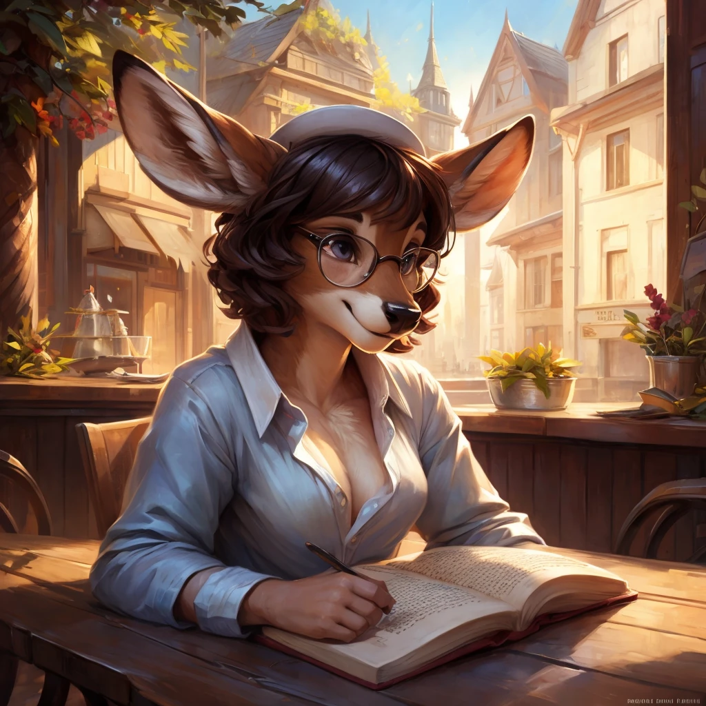 uploaded on e621, by Pixelsketcher, by Bayard Wu, by Thomas Benjamin Kennington , by Einshelm, by hioshiru and kenket, Chunie, portrait, solo anthro female deer doe, tiny featureless breasts, tiny breasts, clear dark blue, cinematic lighting, day, sunny day, sitting outside at a café, Cafe Background, french background, old french background, shiny, short curly dark brown hair, short hair, wears big black nerd glasses, very very beautiful furry art, furry art, thoughtful, shiny, feminine, cute face, muzzle, fluffy chest, flawless face, Fallow deer, 1girl, Sakimichan is beautiful, Masterpiece, Wavethesallow Face, shiny, Detailed image, portrait, Detailed image, portrait, wears pure white wide, big blouse, wears beige summer straw hat, shiny, realistic face, perfect anatomy, hourglass body, anthropomorphic deer, happy, very happy, small ears, huge black nerd glasses, wide happy eyes, look at viewer, smiles, big smile, holds with both hands a book, hourglass body, (furry body:1.1), anthropomorphic deer, reading a book, small fluffy tail, detailed background, (cute anatomy:1.1)
