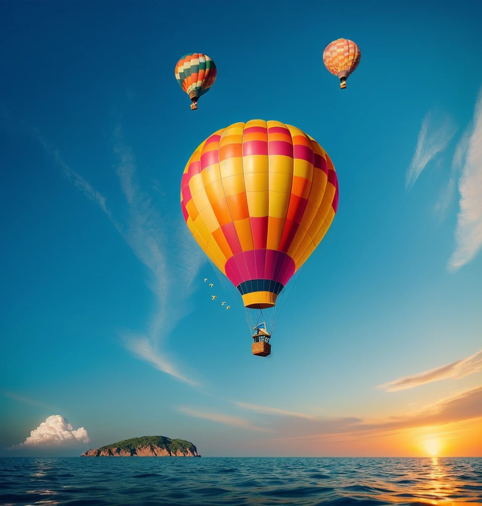 there is a picture of a orange and white color of hot air balloon flying over the ocean, around the world, official artwork, travel ad, travel upwards, round-cropped, round about to start, official art, round background, screen capture, round, screen grab, promotional render, round round round nose, promotional artwork, 🪔 🎨;🌞🌄, tourist destination, promotional art on balloon text "travel round the world" 32K Hyperrealistic style