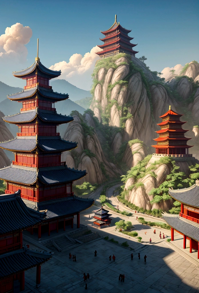 Araped view of Chinese city with mountains in background, Beautiful expression of the Tang Dynasty, cyberpunk chinese ancient castle, ancient chinese architecture, Cinematic Silk Road Scenery, chinese architecture, ancient city scenery, Highly detailed 3D matte painting, hyperdetailed 3d matte painting, Mogao Caves, chinese building, ancient chinese pagoda, chinese village