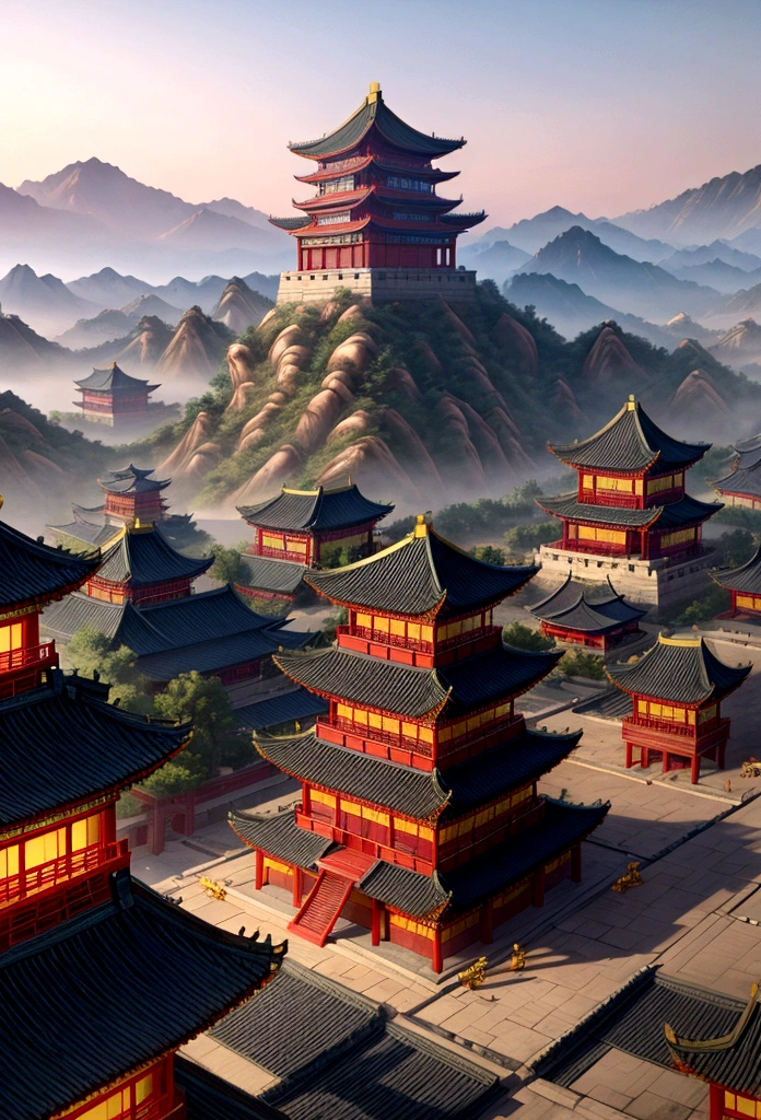 Araped view of Chinese city with mountains in background, Beautiful expression of the Tang Dynasty, cyberpunk chinese ancient castle, ancient chinese architecture, Cinematic Silk Road Scenery, chinese architecture, ancient city scenery, Highly detailed 3D matte painting, hyperdetailed 3d matte painting, Mogao Caves, chinese building, ancient chinese pagoda, chinese village