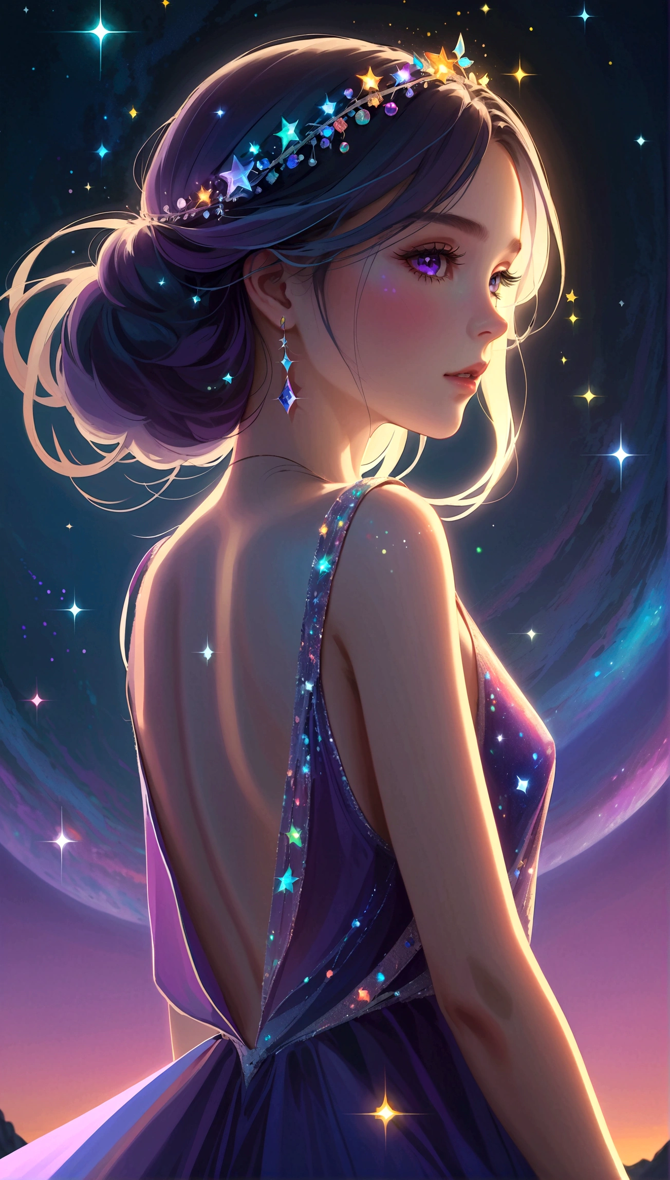 masterpiece, Cute girl, Break, Purple evening dress, High detail face, (Back), (whole body), glare, Rainbow Colors, Global Illumination, Soft Light, Light of Dreams, number, 8K Close-up, fantasy, Night Sky, Star, nebula, White crystal, moonlight, peaceful, summer, (8K:1.1)