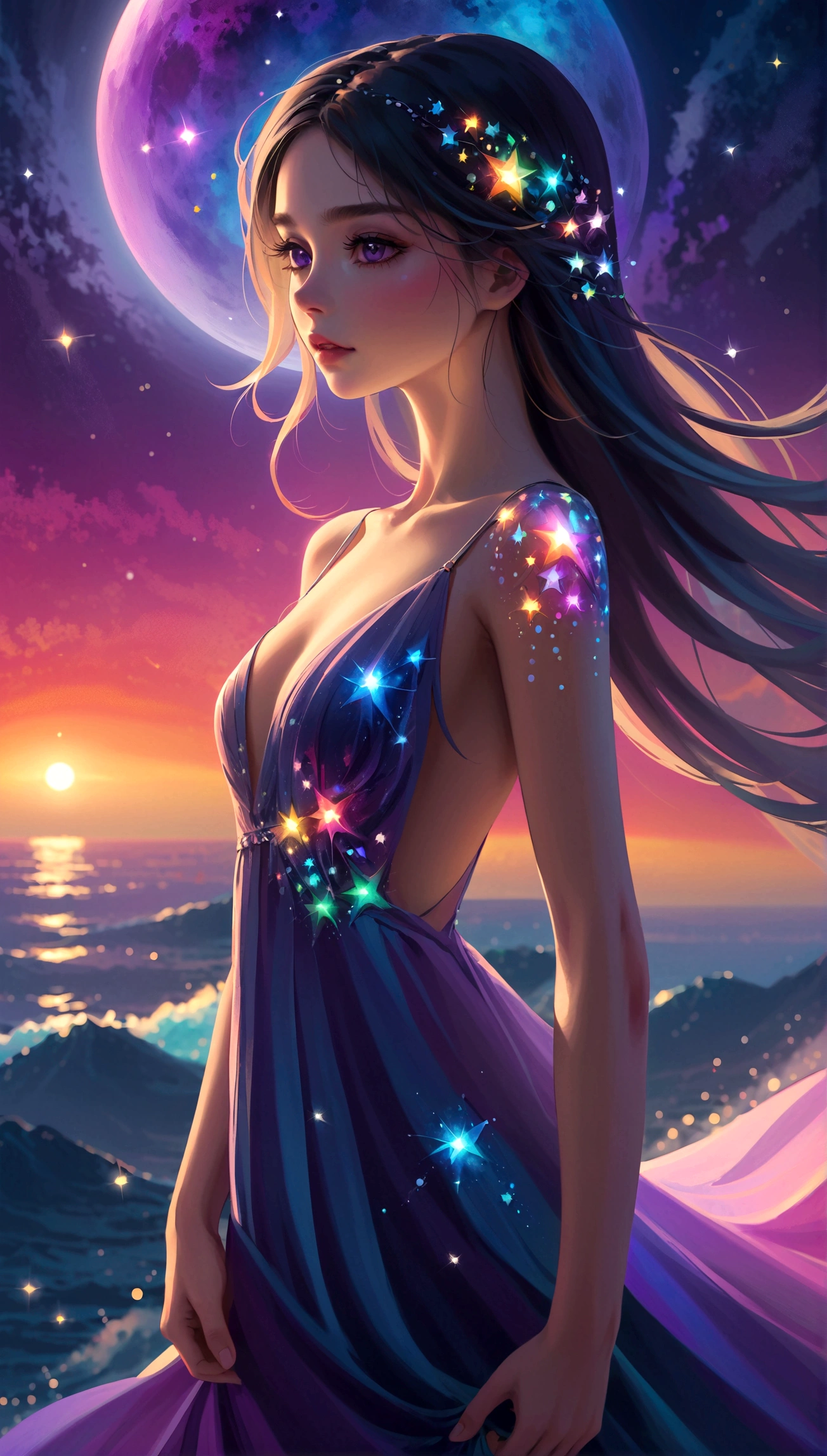 masterpiece, Cute girl, Break, Purple evening dress, High detail face, (Back), (whole body), glare, Rainbow Colors, Global Illumination, Soft Light, Light of Dreams, number, 8K Close-up, fantasy, Night Sky, Star, nebula, White crystal, moonlight, peaceful, summer, (8K:1.1)
