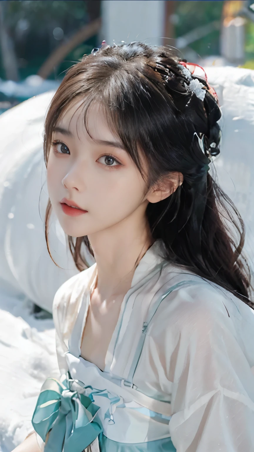 Blue and white porcelain style，Chinese Clothing，The costumes are blue and white in theme，Chinese Art Style，Fashion model 18 years old [[[[Close-up cleavage]]]], [[[[breast]]]], [[[[Cole]]]], [[[[Shoulder]]]], Perfect eyes, Perfect Iris，Perfect lips，Perfect Teeth，Perfect skin，Fair skin，Soft headlight，HDR，girl，White hair，Sad expression，Background is outdoor，White powder wall，Light blue flowers，4K ultra HD, Ultra-high resolution, (Reality: 1.4), best quality，masterpiece，Super dilution，（Pastel colors：1.2）