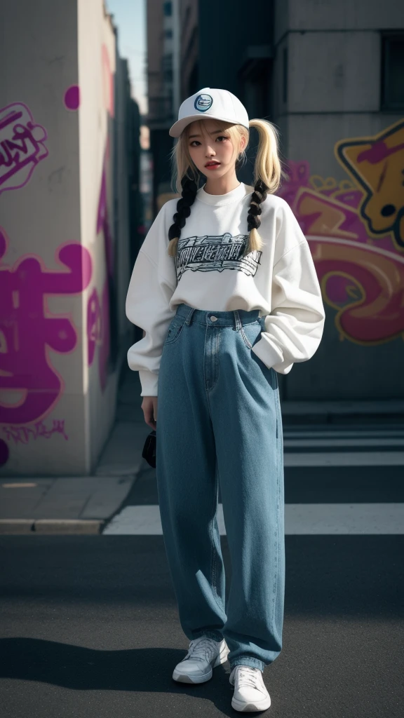 masterpiece,best quality,Perfect features,intricate details,Ray Tracing,ultra resolution image,Holo-Punk Style,
1girl,solo,dsann,blonde hair,long hair,twintails,swept bangs,blue eyes,hairclip,
street hip hop style clothes,hat,oversize pants,
Street graffiti background,graffiti background,
dynamic angle,cinematic lighting,glitter aesthetic,