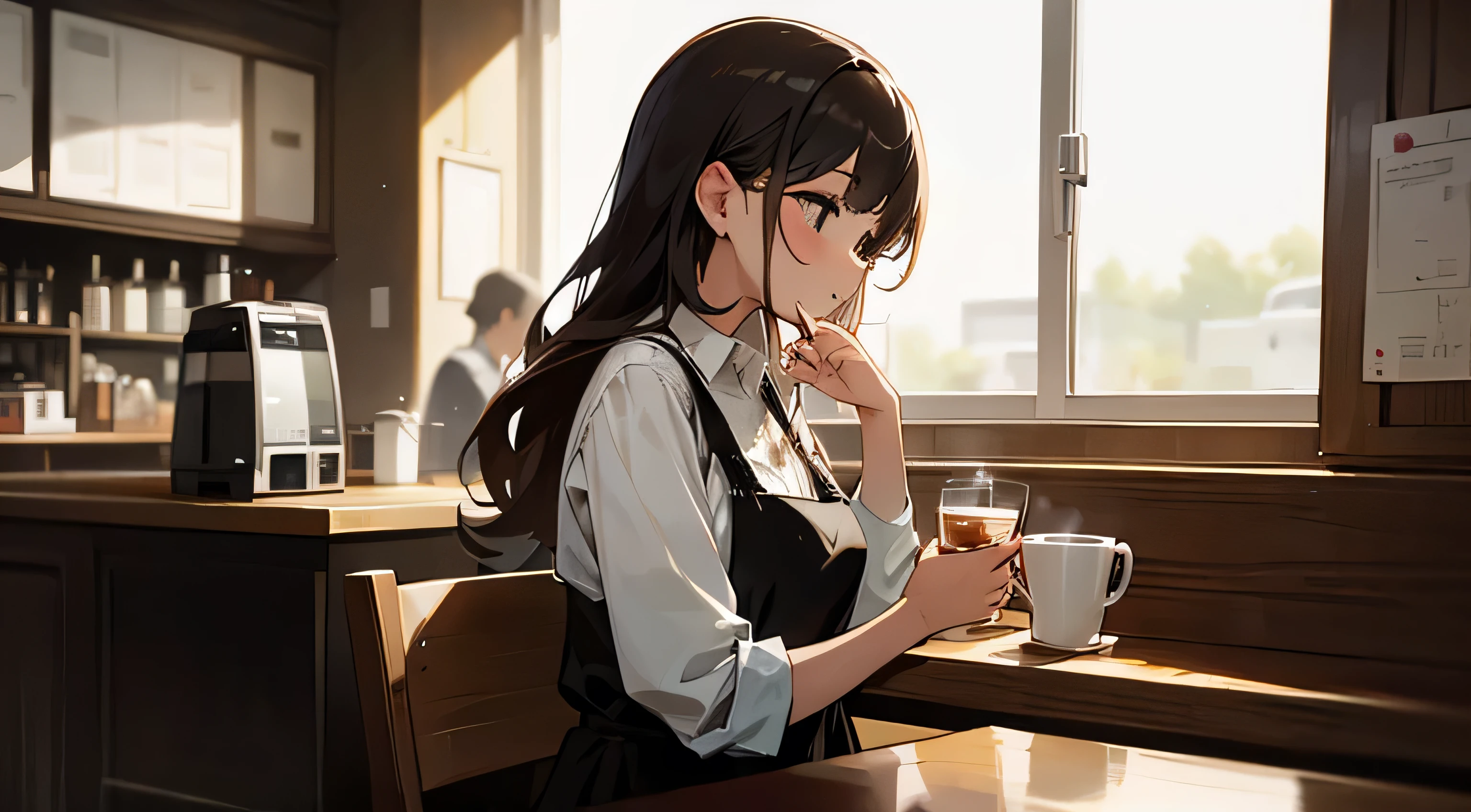 Cafe、Freshly brewed coffee available、pretty girl、One person