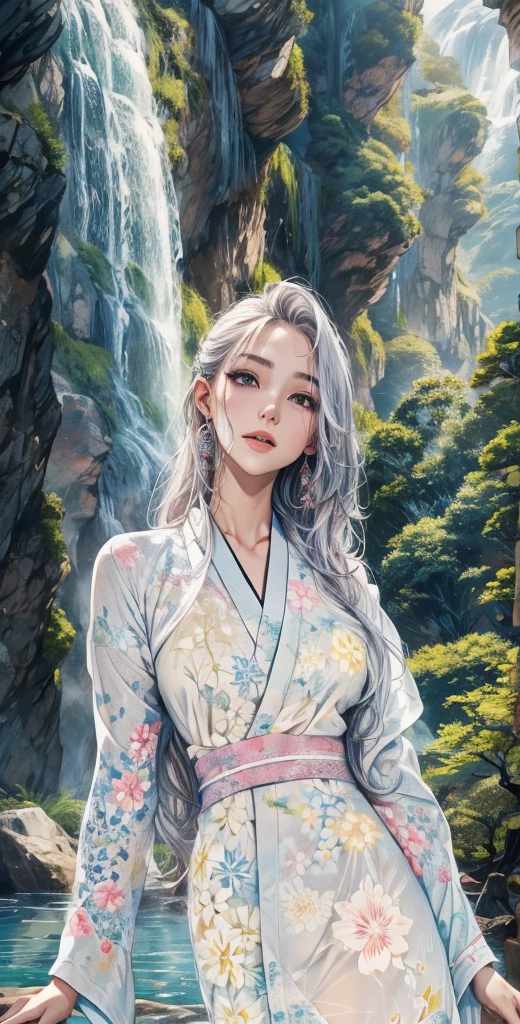 Deep in the mountains、waterfall、The kimono is plain white、The kimono gets wet and the skin becomes transparent、My face and hair are wet、The kimono has no pattern.、The fabric of the kimono is thin、The kimono is pure white、Keep your mouth shut、The wet fabric of the kimono sticks to your skin.