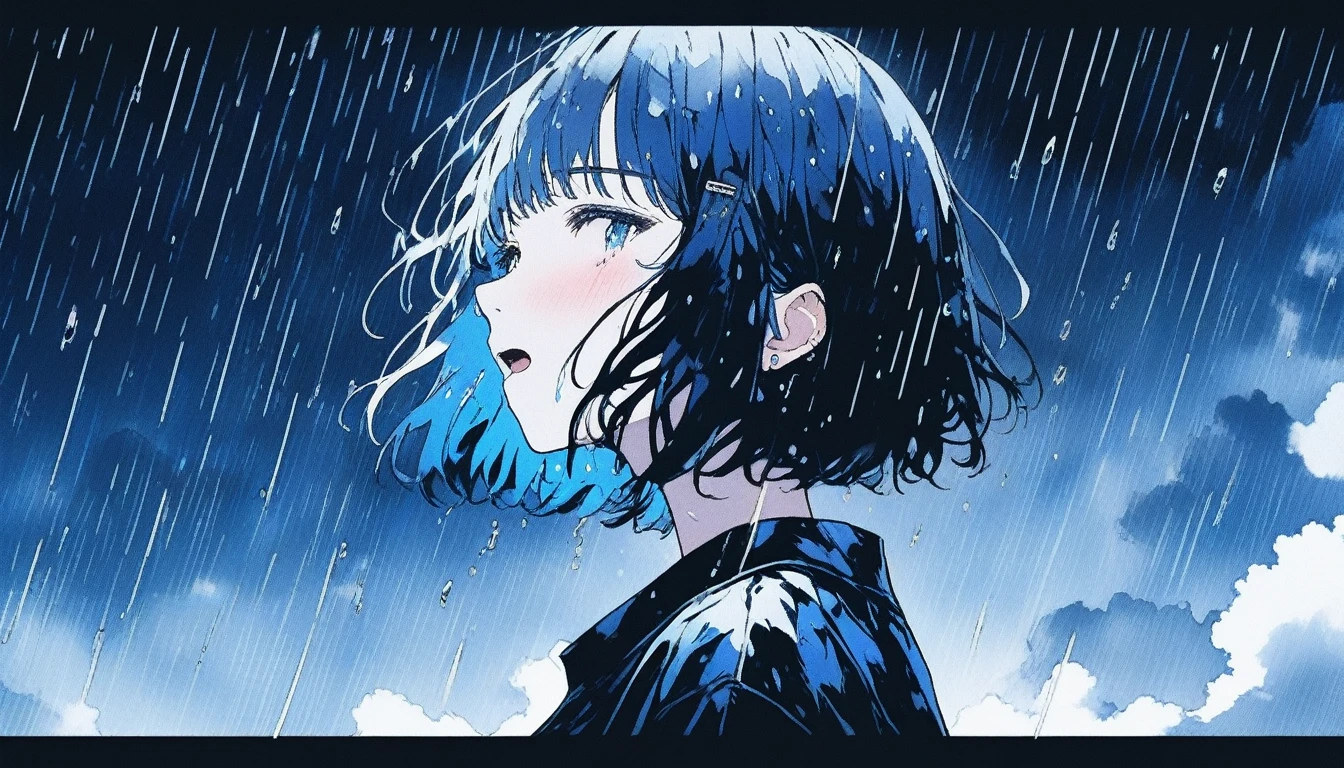 Illustrator, anime , Realistic ,sketch , Abstract rain on background、Body、1 girl, ,Looking up at the sky, I scream、lip, 首にblackﾁｮｰｶｰ,order, Black gradient background, Blue Hair,Short Bob、blackｔshirt、Textured Trim, Canadian, (masterpiece,Highest quality) Cancer