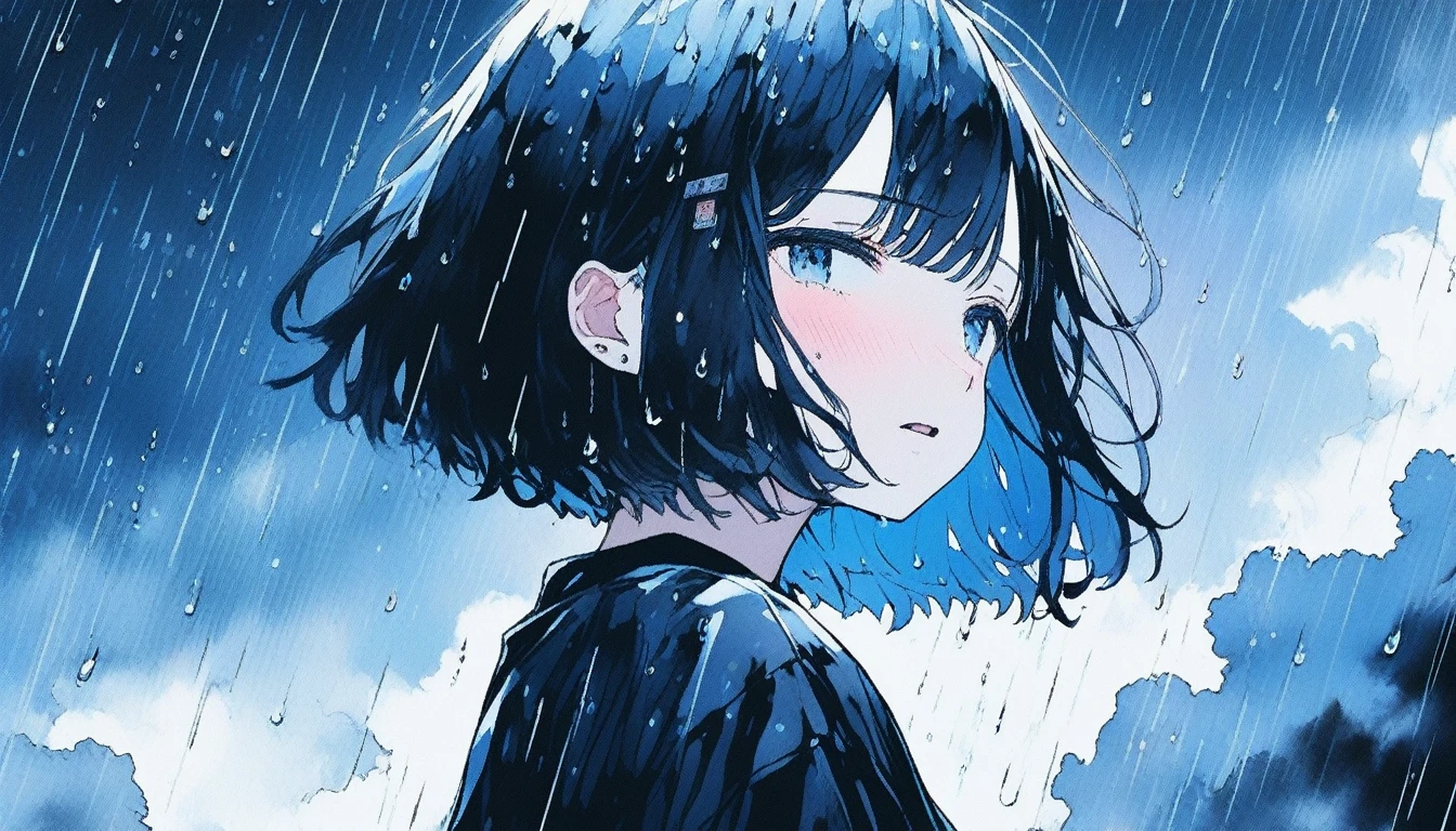 Illustrator, anime , Realistic ,sketch , Abstract rain on background、Body、1 girl, ,Looking up at the sky, I scream、lip, 首にblackチョーカー,order, Black gradient background, Blue Hair,Short Bob、blacktshirt、Textured Trim, Canadian, (masterpiece,Highest quality) Cancer