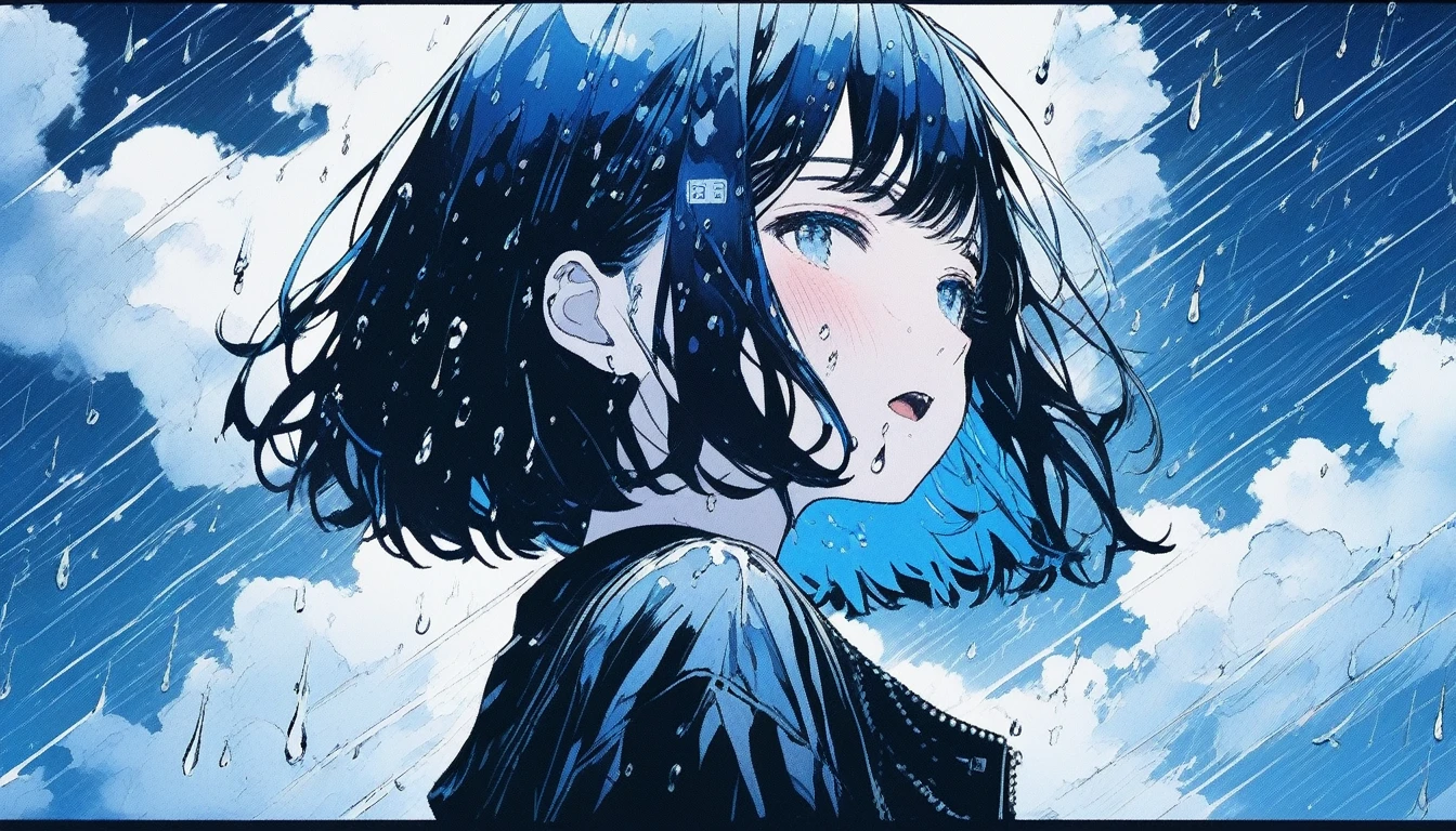 Illustrator, anime , Realistic ,sketch , Abstract rain on background、Body、1 girl, ,Looking up at the sky, I scream、lip, 首にblackチョーカー,order, Black gradient background, Blue Hair,Short Bob、blacktshirt、Textured Trim, Canadian, (masterpiece,Highest quality) Cancer