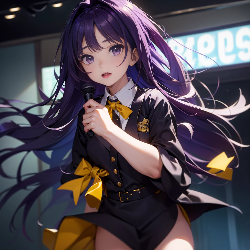 Best picture quality, 8K, high quality, masterpiece:1.2), ((masterpiece)), (great detail, high quality, best picture quality), bokeh, DOF, Portrait, open stance, purple hair long hair, in black, standing, round face, in white shirt with a yellow tie, black plead skirt, singing in the classroom