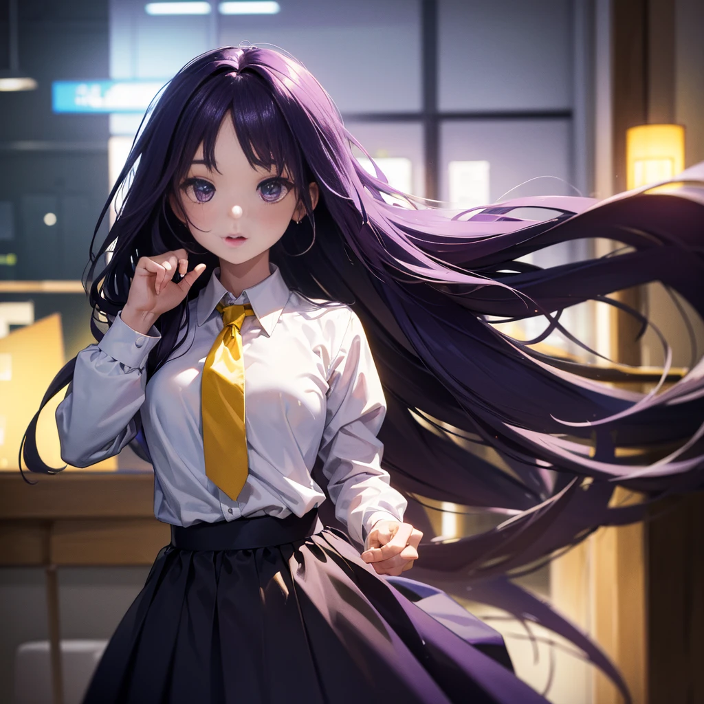 Best picture quality, 8K, high quality, masterpiece:1.2), ((masterpiece)), (great detail, high quality, best picture quality), bokeh, DOF, Portrait, open stance, purple hair long hair, in black, standing, round face, in white shirt with a yellow tie, black plead skirt, singing in the classroom