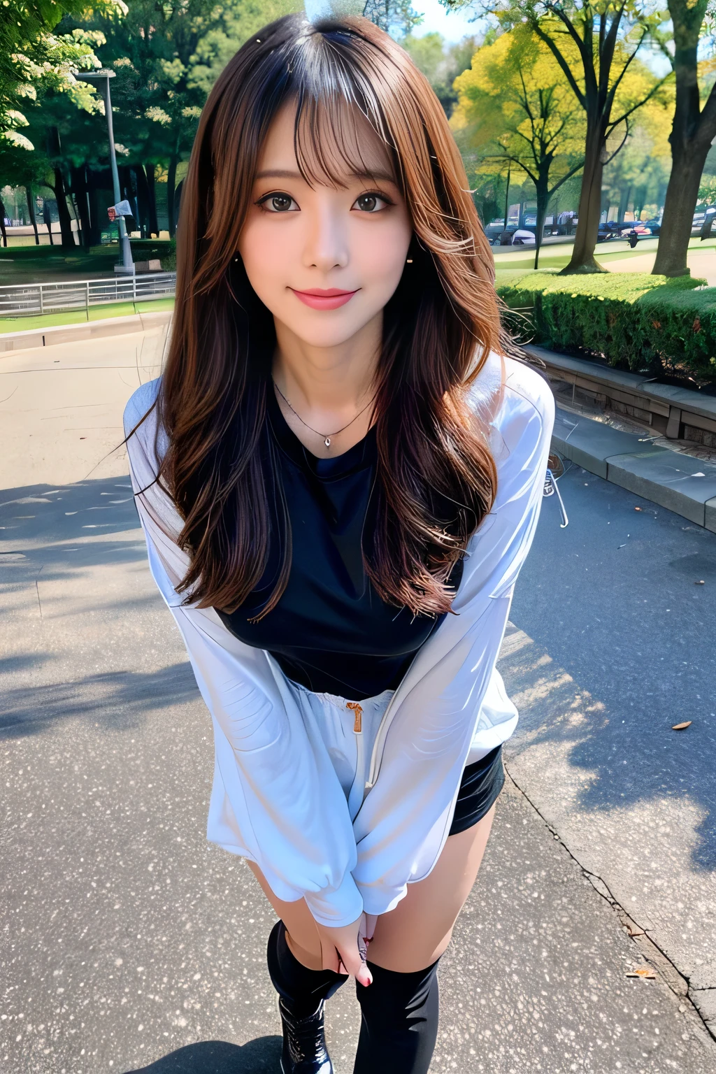 seed:4195271995,((Full Body Angle:1.１)),((Highest quality, 8K, masterpiece: 1.3)), concentrated: 1.2,Front hair:1.3, Cute girl 1,Nipples erect、 Perfect beauty: 1.4,Colorful ribbed knit half-zip T-shirt、Shorts,: 1.2,Randall Color、comics＆Text Graphics、Black,1.1, Highly detailed face and skin textures, Fine grain, double eyelid, whitening skin, ,Highest quality,Ultra-high resolution,you,1 girl,alone,_Shiny_skin,Iris,necklace,((brown_length_Wavy_hair)),(lips)),eyelash,Front hair,deal with,compensate,Shiny,pore,skin big breasts、(smiling face)、Front hair、Walking in the park、walk