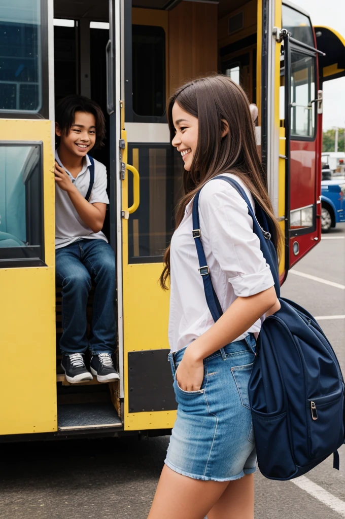 The girl is secretly happy seeing the boy getting off the bus