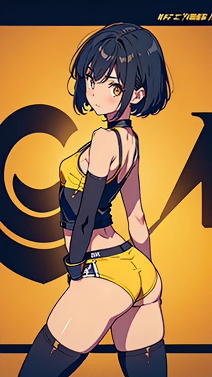 masterpiece, best quality, dark skin, short hair, yellow eyes, black hair, beautiful girl, thin, full body, tall girl, ((MMA fighter gloves)), black costume, ((kawaii)), ((cute)), plan boobs, short , small , ((short chest)), ((big butt)), ((wide thigh)), fighting pose, dojo background
