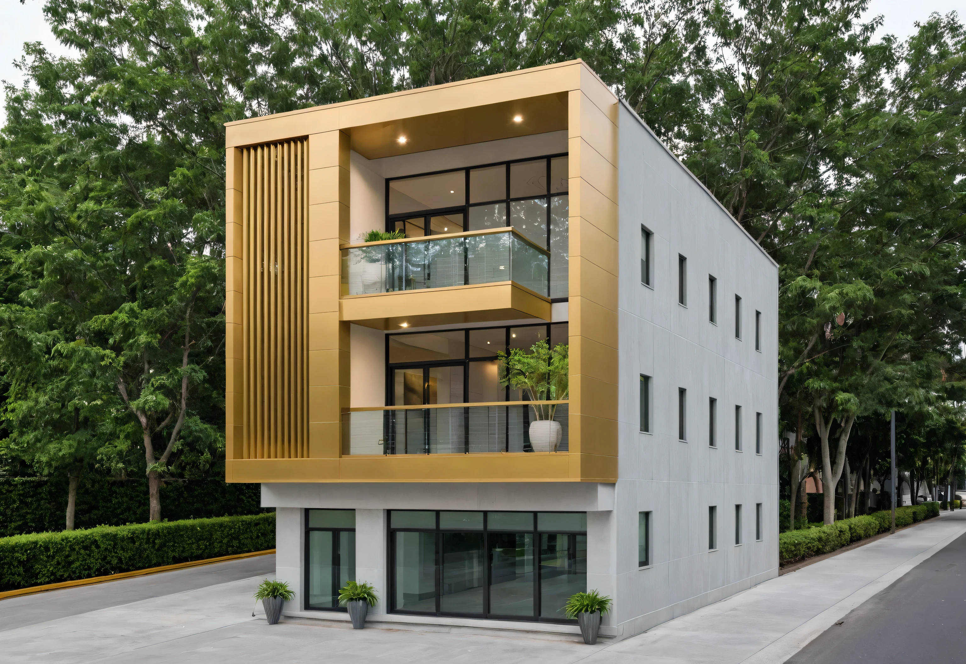 Raw photo,Masterpiece, high quality, best quality, authentic, super detail, modern style, aiaigroup,office building, decorative bars, decorative louvers, sun louvers, aluminum wall cladding, gold aluminum, glass railing,outdoors, tree, building, scenery, city, road, real world location, treet, window, balcony, glass railing, on the street, minimalist line, daylight, realistic