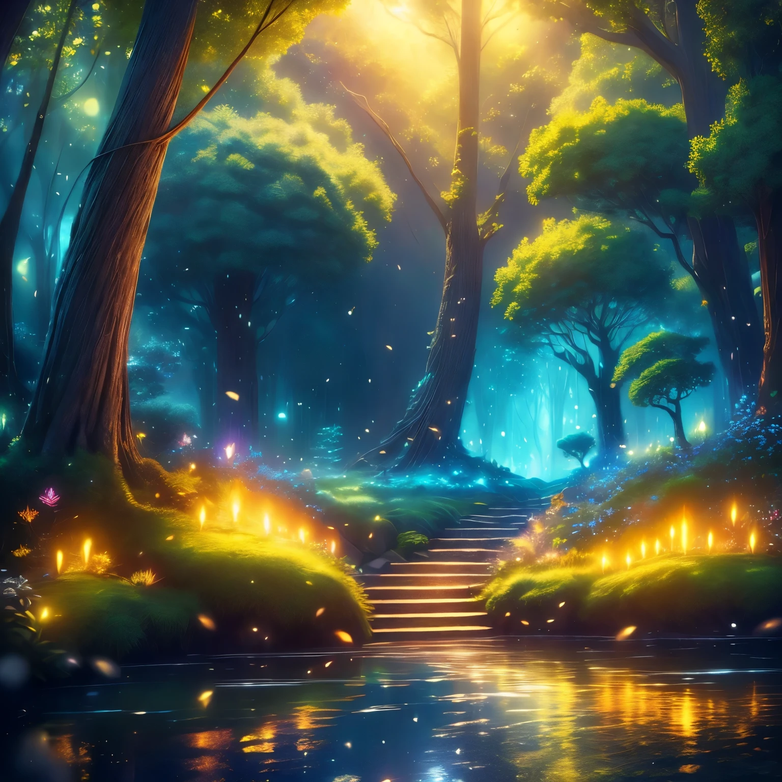 a magical forest, mystical, glowing and shimmering fireflies, lush foliage, ancient trees, moonlight, ethereal atmosphere, fantasy landscape, detailed environment, vivid colors, warm lighting, (best quality, 4k, 8k, highres, masterpiece:1.2), ultra-detailed, (realistic, photorealistic, photo-realistic:1.37), cinematic composition, dramatic lighting, nature, magical, mystical, ethereal, whimsical, dreamlike