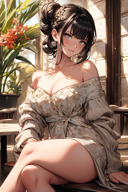 (((Masterpiece))),(((Super Detail))),(((in 8K))),(((best composition))),(((Rim lighting,Fireglow effect,deep shadow))),solo),Beautiful fingers,Detailed finger features,(Detailed hair features:1.7),(Dynamic and sexy bending pose:1.3),detailed facial features,detailed clothes features, (perky chest:1.1), (pointed chest:1.3), delicate beautiful face, Bright blue eyes, cute eyes, sparkling eyes, Big eyes, beautiful detailed eyes,double bun with glittering hair ornament:0.6,(super detailed glossy skin:1.3),slender body,goddess smile,((with sparkling eyes and a contagious smile)),beautiful posture,have a cup of coffee,black hair, red eyes, dress, bare shoulders, jewelry, collarbone, sidelocks, hairband, earrings, indoors, off shoulder, sweater, arms behind back, plant, short hair with long locks, white hairband, off-shoulder dress, sweater dress, off-shoulder sweater, red sweater, big side hair, very long side hair,(super delicate floral pattern:1.2),seductive cleavage:1.3,beautiful glossy legs,shiny red high heels,lifting dishes with cakesd,french restaurant,hustle and bustle,rising steam,(((depth of fields)))
