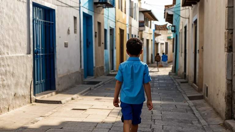 boy walking down a street, con camisa azul 