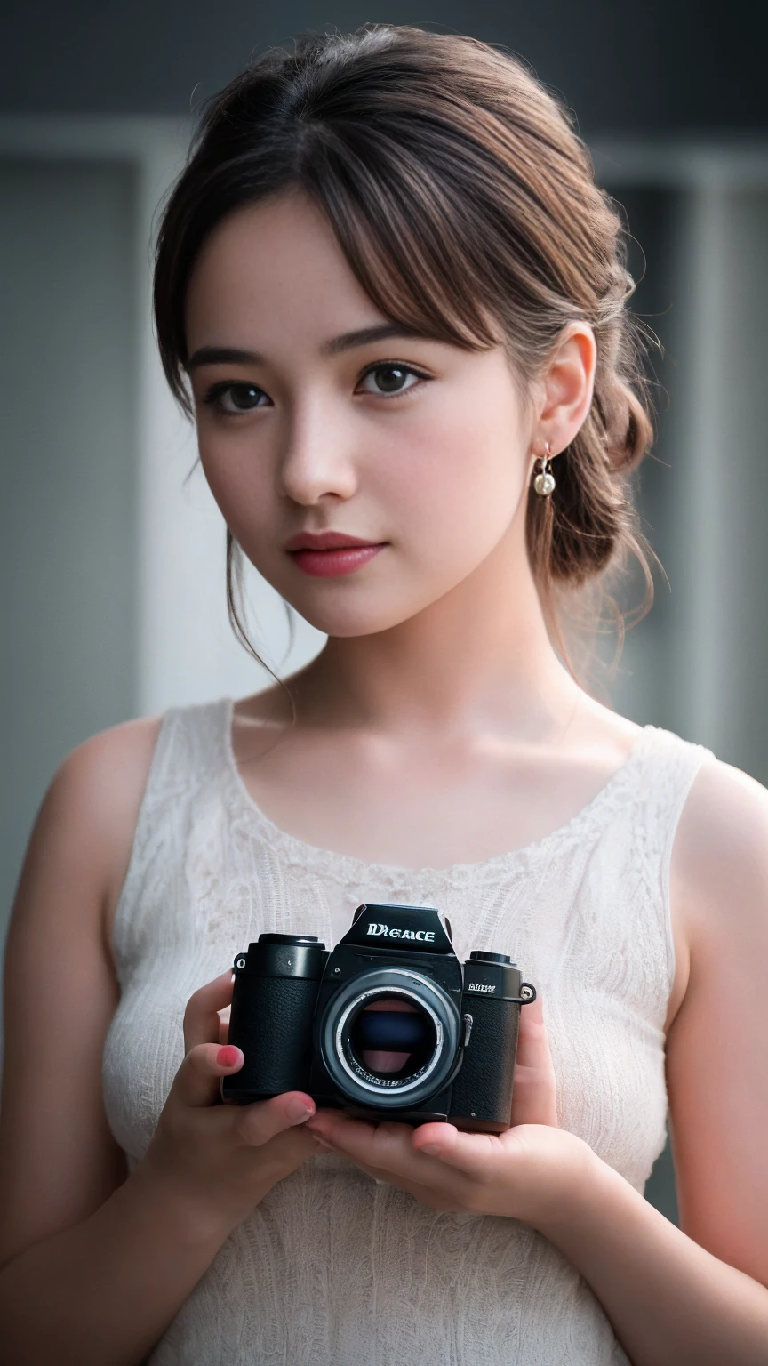 ((Night,Realistic light,Best quality,8k,Masterpiece:1.3)),1girl,Pretty woman with slender figure:1.4,abs:1.1,(Brown hair, holding camera, Gigantic breasts:1.4),Wet white dress:1.3, streets,Ultra-detailed face,Detailed eyes,Double eyelid