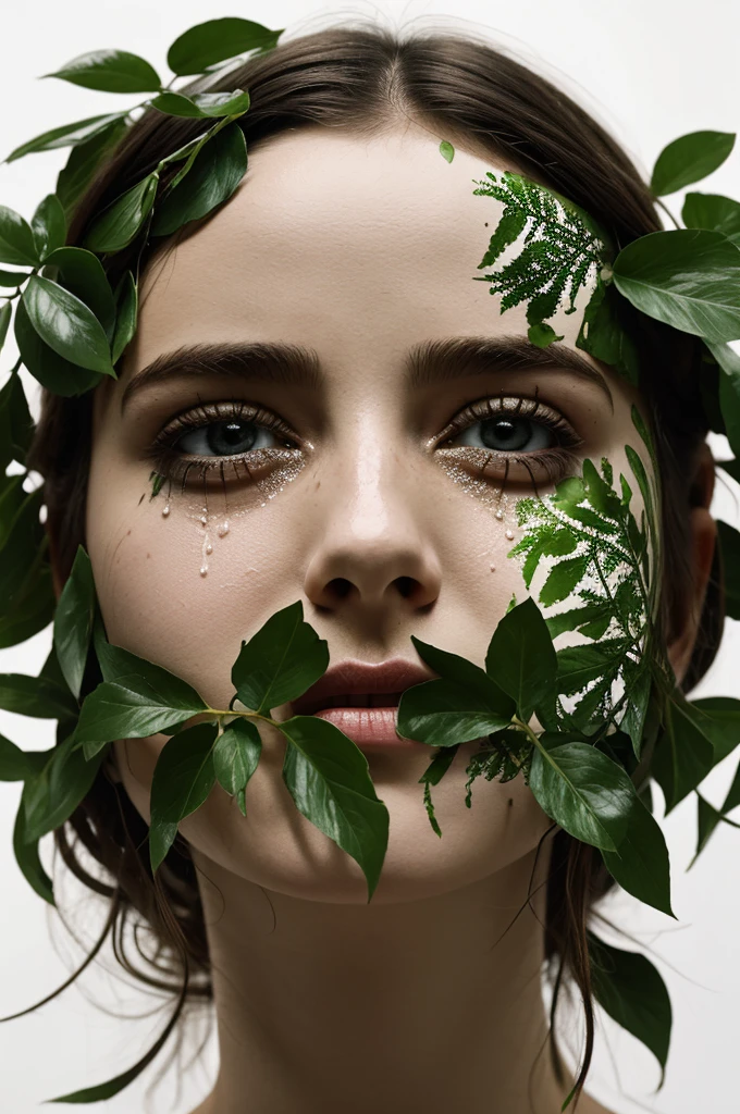 jesus double exposure, white background 1girl, crying, lush greenery and drath (masterpiece:1.2), best quality