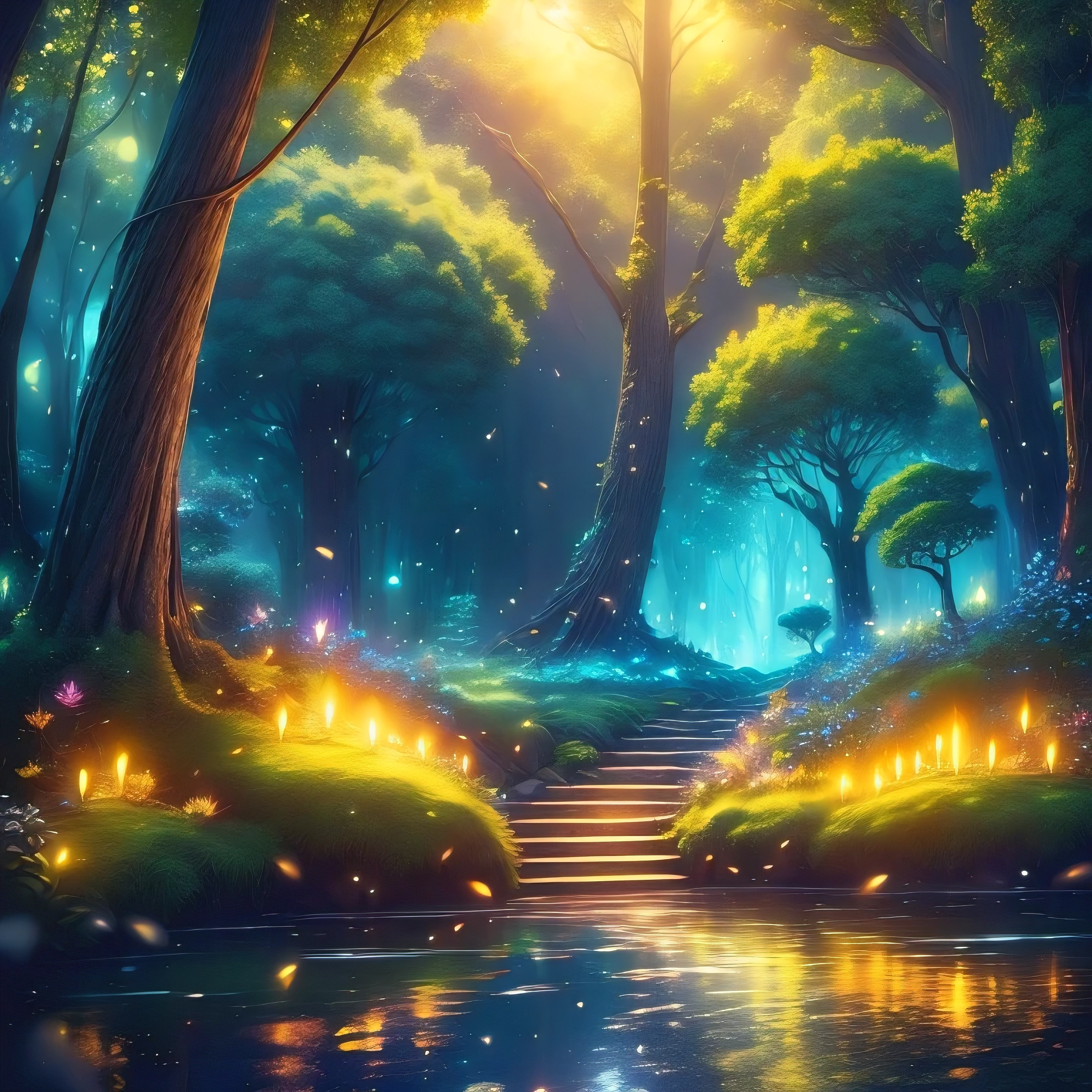 a magical forest, mystical, glowing and shimmering fireflies, lush foliage, ancient trees, moonlight, ethereal atmosphere, fantasy landscape, detailed environment, vivid colors, warm lighting, (best quality, 4k, 8k, highres, masterpiece:1.2), ultra-detailed, (realistic, photorealistic, photo-realistic:1.37), cinematic composition, dramatic lighting, nature, magical, mystical, ethereal, whimsical, dreamlike