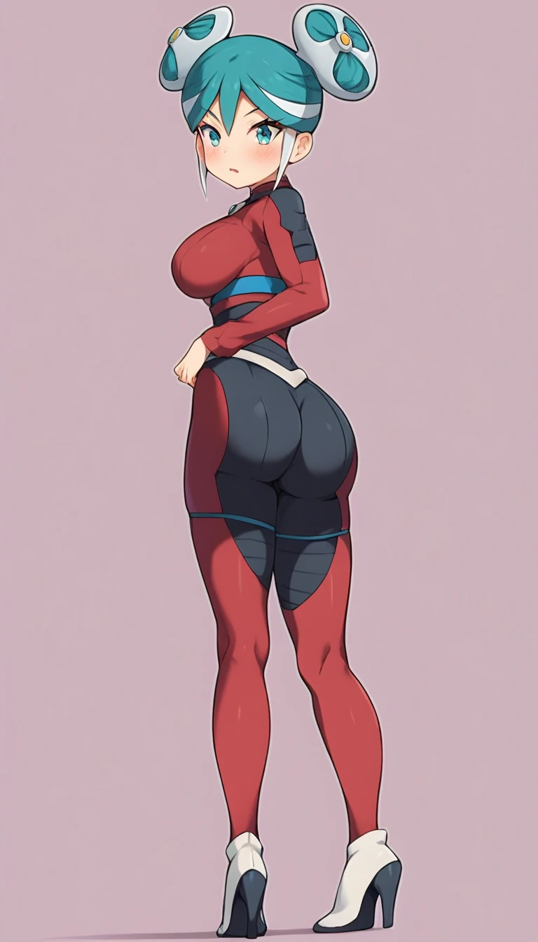 best quality,ultra detailed,solo,score_9, score_8_up, score_7_up, score_6_up, score_5_up, score_4_up, source_anime, 1girl, clara, blue hair, hair tubes, grey eyes, bodysuit,big breasts, standing sexy pose, (behind view,portrait),full body,heavenly ass, heavenly breasts, big ass, no shoes, wearing black heels, upset, face, long legs, tight bodysuit, tight sleeves, black bodysuit, half-closed eyes, backside, charging dark power, charging dark energy, dark energy, using dark power, using energy, using dark energy, charging dark energy, dark aura