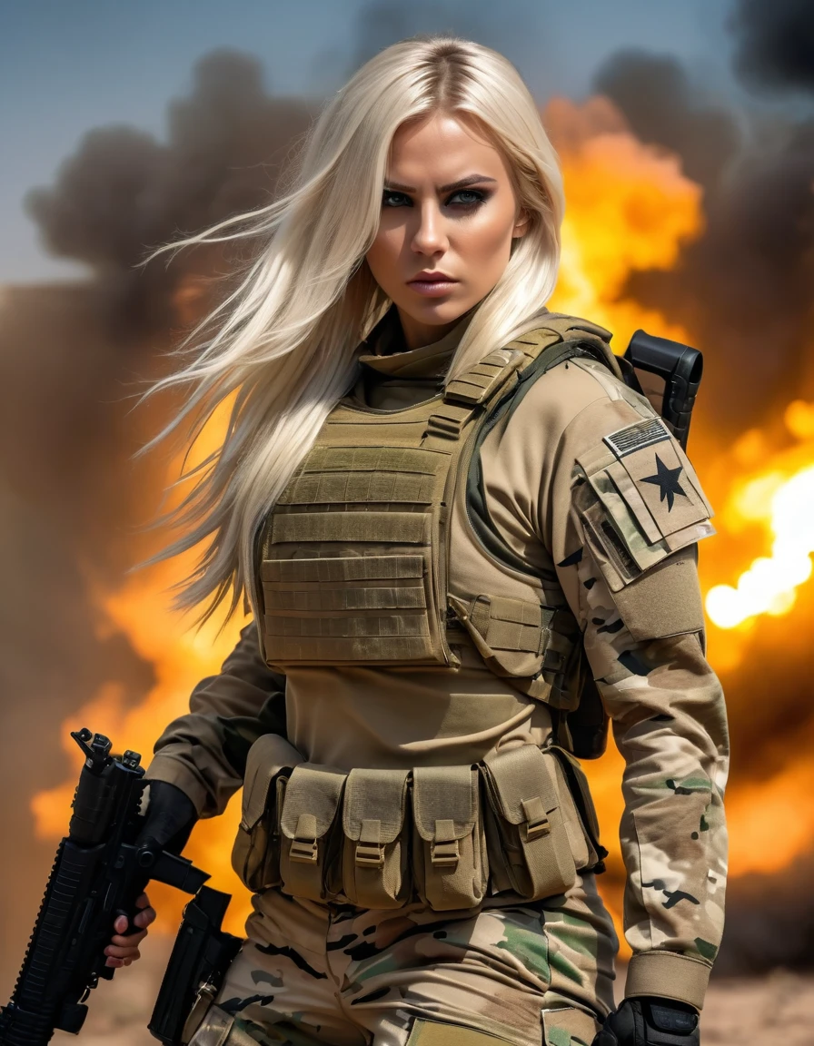 very attractive 25 year old girl with long platinum blonde hair, (full body shot:1.4), female warrior, modern soldier, tactical gear, camouflage makeup, hyper-realistic, cinematic lighting, dynamic pose, intense expression, highly detailed, 8K, photorealistic, dramatic color palette, military atmosphere