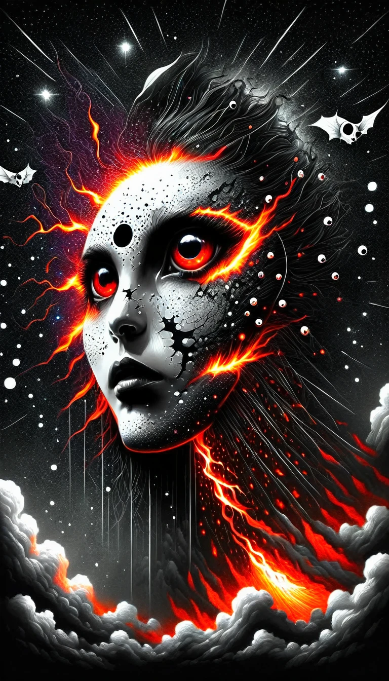 High Resolution, High Quality , Masterpiece .Hyper-realistic ink drawing with surreal colors, elements of absurdity in the style of Ross Tran featuring postal envelopes aflame as a reference to Roby Dwi Antono, letters, broken hearts, skulls, and a treble clef ascending into a starry sky, chiaroscuro lighting enhancing symbols of departed love, a moon adorned with eyes emitting an air of melancholy, atmospheric mood.