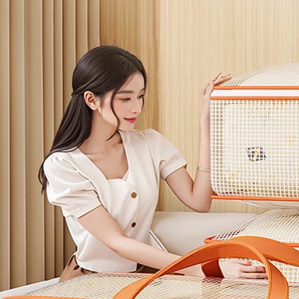 A woman sitting on the bed，Holding a suitcase with straps, Home, Product introduction photoss, Soft warm light, High Detail, High Detail, Soft and warm, Handsome, Product introduction photos, Designed for comfort and aesthetics!, 🦩🪐🐞👩🏻🦳, Comfortable atmosphere, Award-winning masterpiece, Close-up view, 3D Products