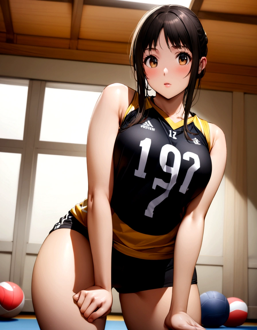 A woman in a black and yellow uniform is posing for a photo, Wearing a volleyball jersey, Physically sporty, Japanese Model, mayuri shiina, Chiho ashima, Indoor shooting, For whom?, Tight black tank top and shorts, Chiho, Yoshitomo Nara, Sports bra and shirt, kiyoko suzuki