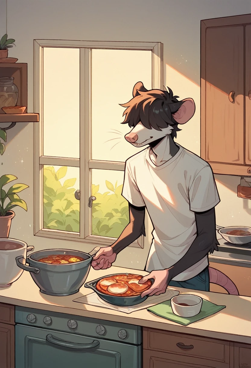 Skinny male solo cartoon possum，author：zackary911，Hair covers the eyes, In the pot, kitchen, panini, food