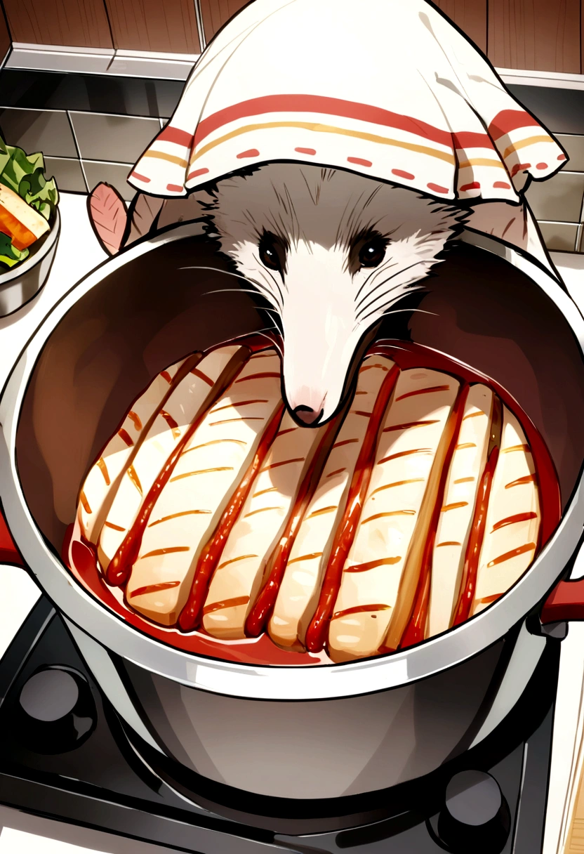 Skinny male solo cartoon possum,author:zackary911,Hair covers the eyes, In the pot, kitchen, panini, food