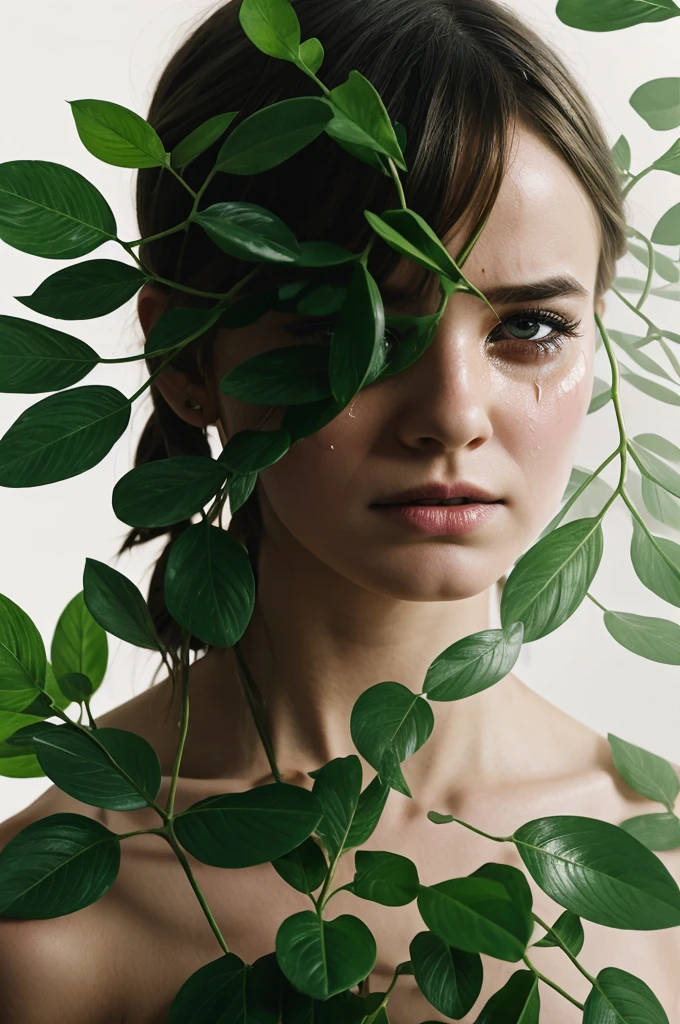 double exposure, white background 1girl, crying, lush greenery and drath (masterpiece:1.2), best quality