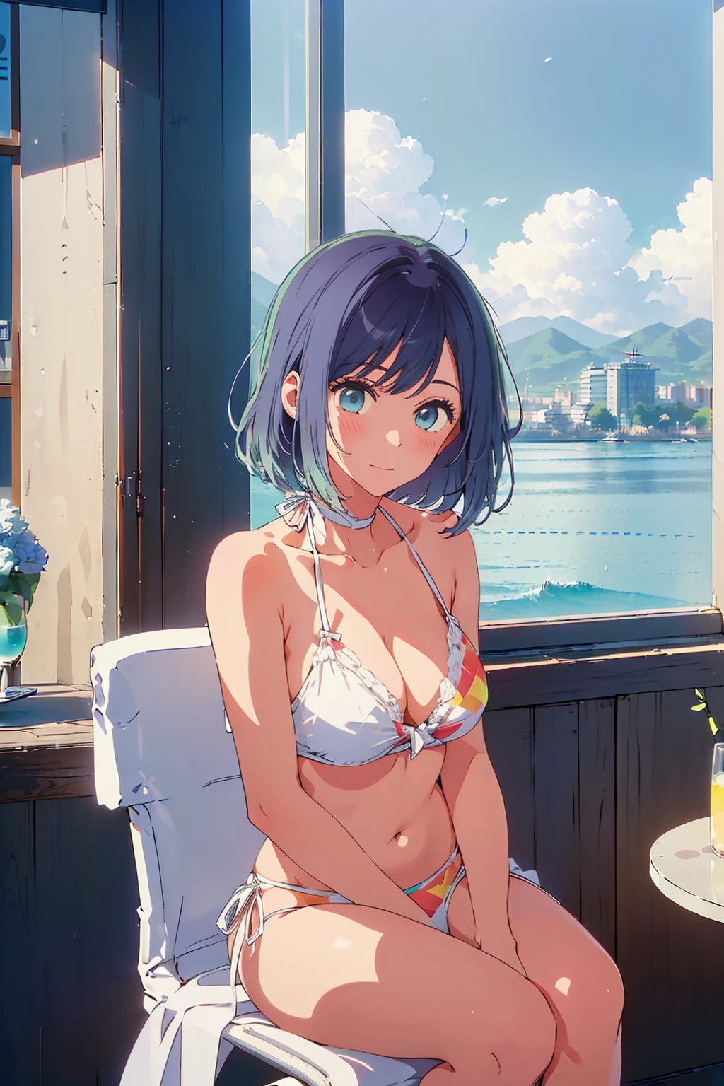(Highest quality:1.4、8k:1.4,detailed),F cup bust、Big Breasts、Slim and beautiful arms、Slim body、Very white beautiful skin、((((1 person、smile、smile、sit、Chair、In the background are the urban buildings of Tokyo、looking at the camera、Outdoor café terrace、coastal、Navy hair color、juice、She is wearing a white side-string high-leg bikini、table、Shooting from a distance、Very cute face))))、Very beautiful face、Very blue sky、A completely cloudless sky、She tilted her head slightly、The atmosphere is bright and lively、The woman is at the center of the image。