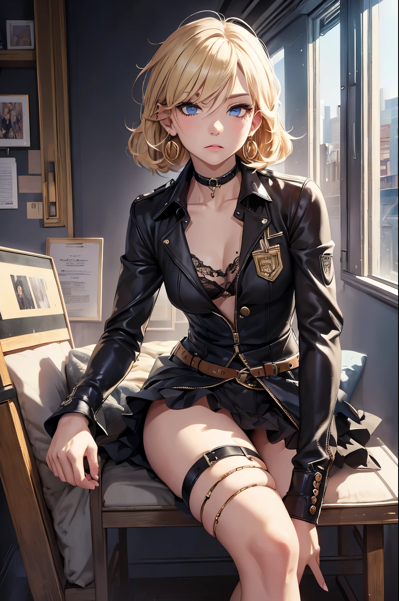 "Highest quality,Super detailed,((background:In the room 1,8)),(One boy),(Cowboy Shot 1.8),Portraiture,((Fake Girl,Coward Boy,Tomboy,Femboy,Trap 1,8)),(bulge),(Sit on a chair),(Heavy makeup),Black Choker,necklace,Earrings,(Short blonde),Boy&#39;s face,((Boy&#39;s body 1,8)),((Flat Chest)),((Poor chest)),((Grin)),((smile)),((Black sexy lingerie)),((Black lace-up high heel boots)),Vibrant colors,Soft lighting"