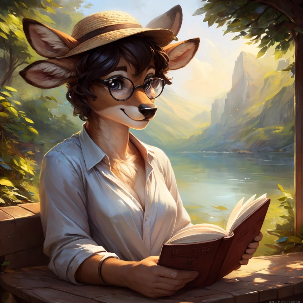 uploaded on e621, by Pixelsketcher, by Bayard Wu, by Thomas Benjamin Kennington , by Einshelm, by hioshiru and kenket, Chunie, portrait, solo anthro female deer doe, tiny featureless breasts, tiny breasts, clear dark blue, cinematic lighting, day, sunny day, sitting outside at a café, Cafe Background, french background, old french background, shiny, short curly dark brown hair, short hair, wears big black nerd glasses, very very beautiful furry art, furry art, thoughtful, shiny, feminine, cute face, muzzle, fluffy chest, flawless face, Fallow deer, 1girl, Sakimichan is beautiful, Masterpiece, Wavethesallow Face, shiny, Detailed image, portrait, Detailed image, portrait, wears pure white wide, big blouse, wears beige summer straw hat, shiny, realistic face, perfect anatomy, hourglass body, anthropomorphic deer, happy, very happy, small ears, huge black nerd glasses, wide happy eyes, look at viewer, smiles, big smile, holds with both hands a cup of coffee, hourglass body, (furry body:1.1), anthropomorphic deer, reading a book, small fluffy tail, detailed background, (cute anatomy:1.1), looks into the distance
