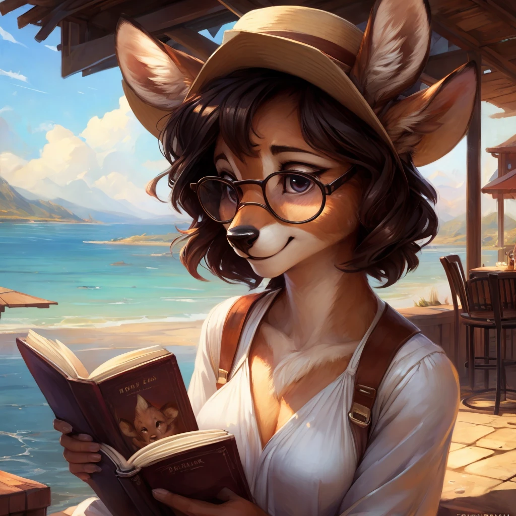 **Prompt:** A beautiful, (masterpiece), high quality, perfect lighting, highly detailed CG Unity 8k wallpaper, high resolution, perfect lighting, youthful, adolescent, tall, slim, skinny, frail slender figure, slim legs, distinctly feminine figure, narrow hips, long legs, close-up shot of a unique female otter character. She has smooth, dark brown fur with a glossy sheen, subtly shifting in hue to a lighter, golden brown around her face and neck, giving her a warm and inviting appearance. Her hair is styled into a short, pixie cut with streaks of turquoise, adding a vibrant and modern touch. Her eyes are a bright teal, lively and sparkling with curiosity.
She is dressed in a casual, artistic outfit: a loose, tight sweater in a seafoam green with rolled-up sleeves, revealing a white, form-fitting tank top underneath. She pairs this with comfortable, low-waisted denim shorts and a colorful scarf draped loosely around her neck. Her accessories include a pair of round, frameless glasses, a leather bracelet with small metal charms, and a simple anklet. She is holding a sketchpad in her lap, with a pencil in her other hand, suggesting a moment of creative inspiration.
The character is posed sitting cross-legged on a wooden deck, with her head slightly tilted and eyes focused intently on her drawing. Her expression is thoughtful and absorbed, with a slight, relaxed smile playing on her lips. The background is softly blurred, suggesting an outdoor setting near water, with hints of rippling reflections, keeping the focus on her expressive face and the details of her creative outfit, creating a scene that feels intimate and engaging.
