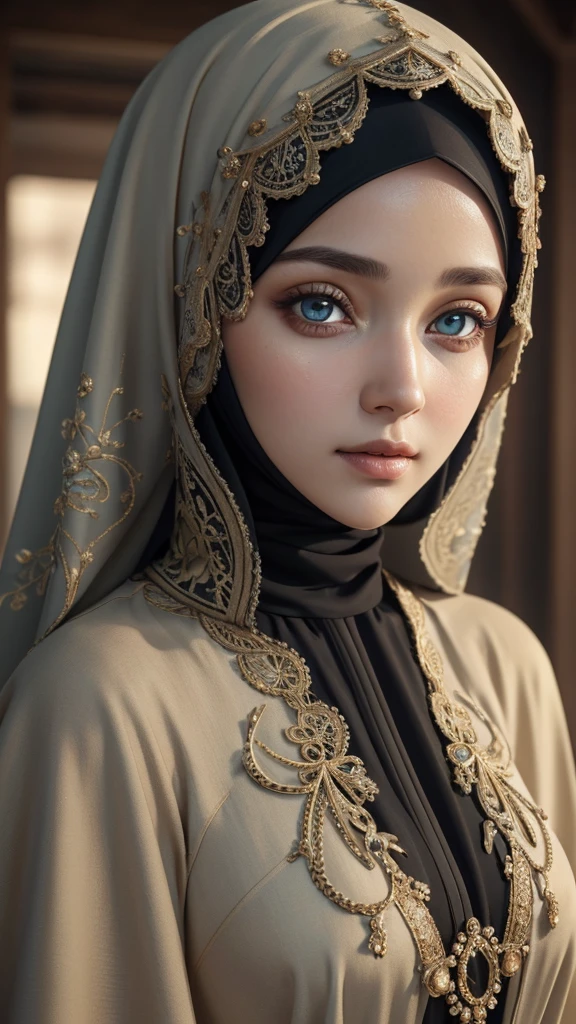 (RAW style, masterpiece, best quality, ultra-detailed) closed-up view , a beautiful hijab woman ((beautiful eyes)) wearing pastel color abaya , exquisite image boasts an ultra-realistic and ultra-detailed representation, with intricate details that capture the depth and nuance of every feature. The depth of field is expertly rendered, adding a sense of dimension and texture to the scene. Octane renders bring out the ultra-definition in the (skin texture, film grain), imbuing the image with a cinematic feel that is further enhanced by the cinematic light, which bathes the girl's face in sidelighting. The ultra high