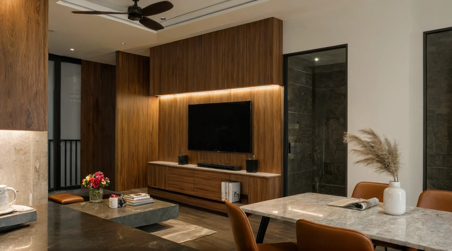 Raw photo,Masterpiece, high quality, best quality, authentic, super detail, interior, indoors, dinning room, kitchen room, style Indochine modern, minimalist line, aiaigroup , wooden, walnut veneer wood, led light, white paint wall, sofa