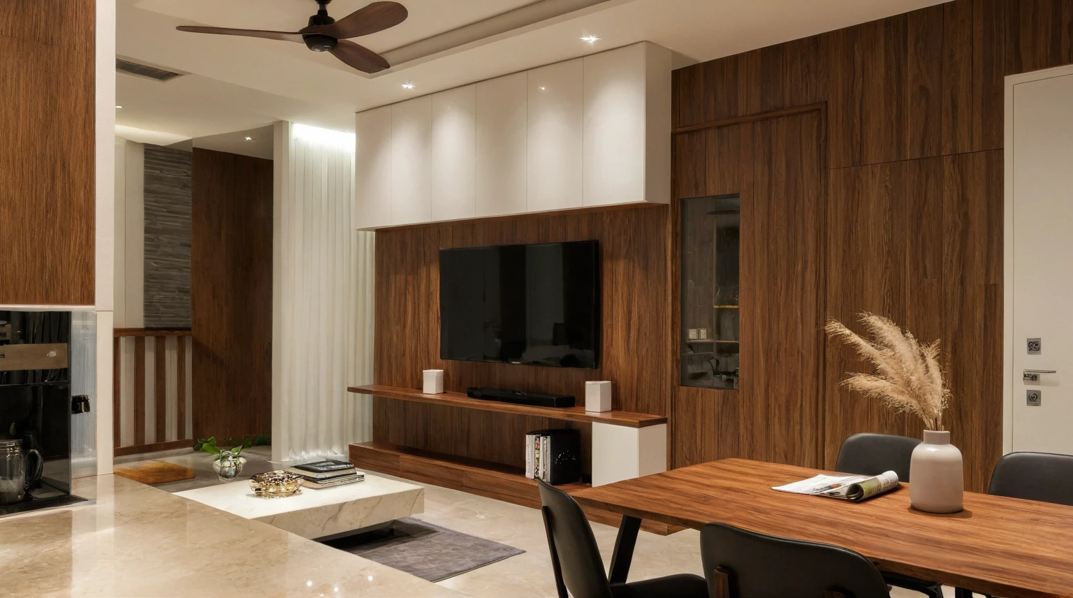 Raw photo,Masterpiece, high quality, best quality, authentic, super detail, interior, indoors, dinning room, kitchen room, style Indochine modern, minimalist line, aiaigroup , wooden, walnut veneer wood, led light, white paint wall, sofa