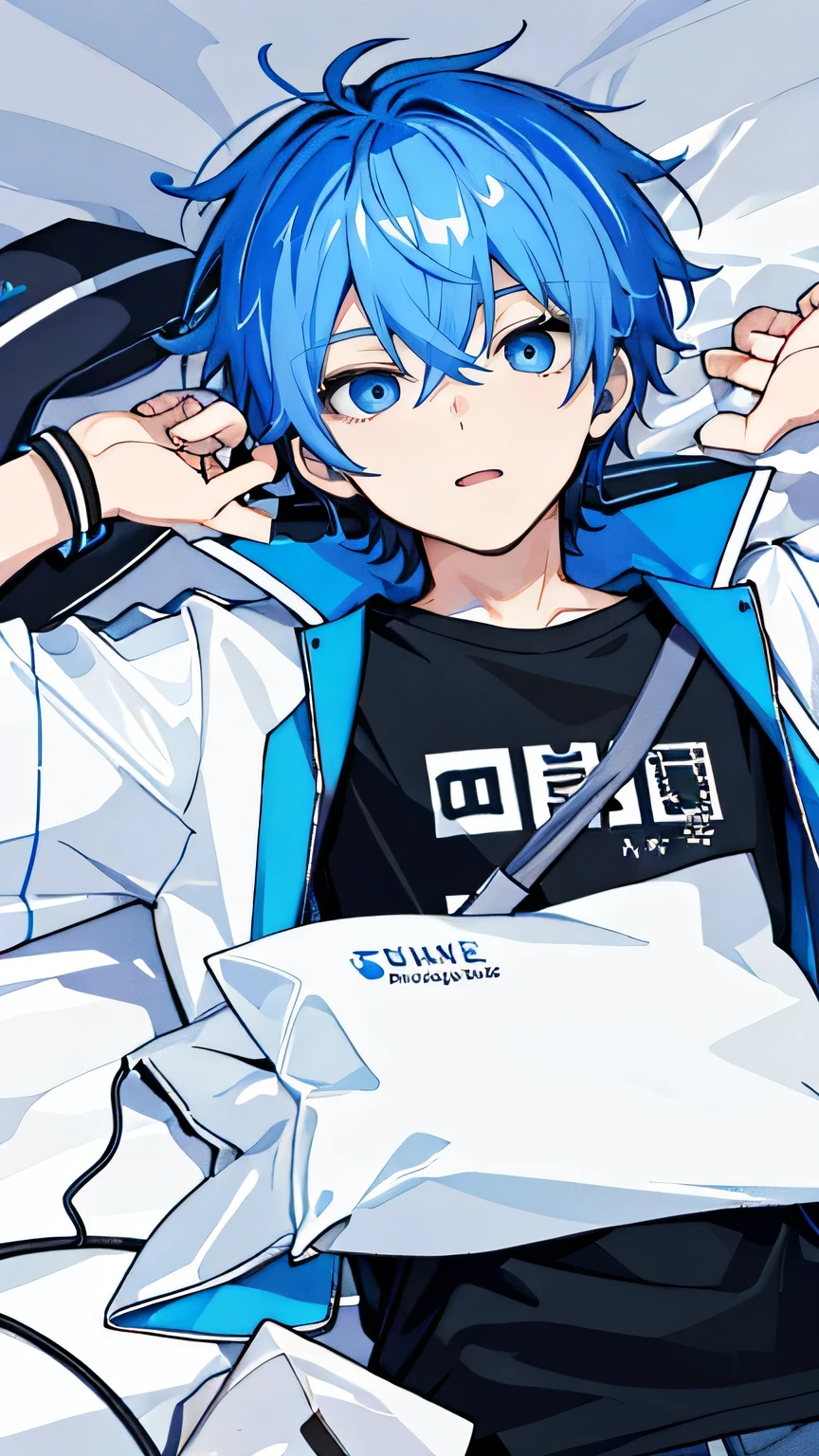 1 boy, blue hair, blue eyes, whole body, wear headset, wear a bag, black short sleeve tee, white outerwear with hat, University Background, lying down