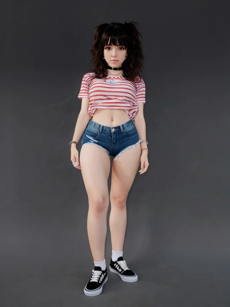 girl sexy realistic, fringe hair realistic, face sweet realistic wearing realistic t-shirt, realistic shorts denim, realistic ankle white socks, realistic vans shoes uses choker and bracelets realistic details.