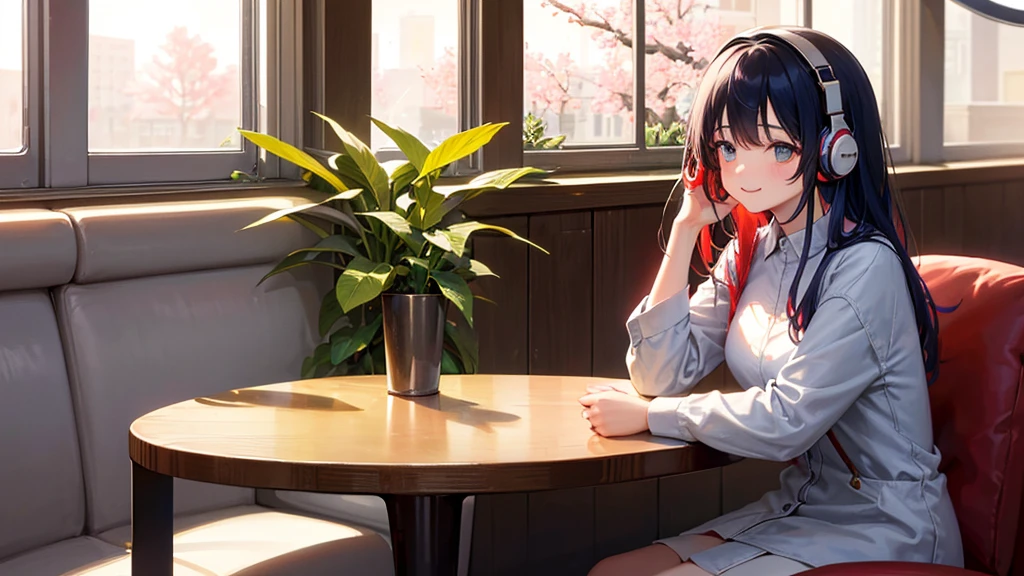 A smiling girl, listening to music with headphones, is turned to the side while drinking coffee in a cafe. There's a straw on the table, and sunlight streams through the window, creating a warm and cozy atmosphere. The space is filled with a floral aesthetic and pastel colors, looking like a slice of everyday life. She enjoys a quiet morning, with the aroma wafting from a latte with elegant latte art. The scene has a bokeh effect, and potted plants and cherry trees can be seen. Her cheeks are red, and she has blue hair with a wave motif pattern, pondering something with a gentle and delicate expression.